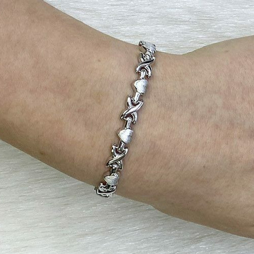 925 Sterling Silver 5.8mm Heart & Kisses XO Bracelet 7.5″