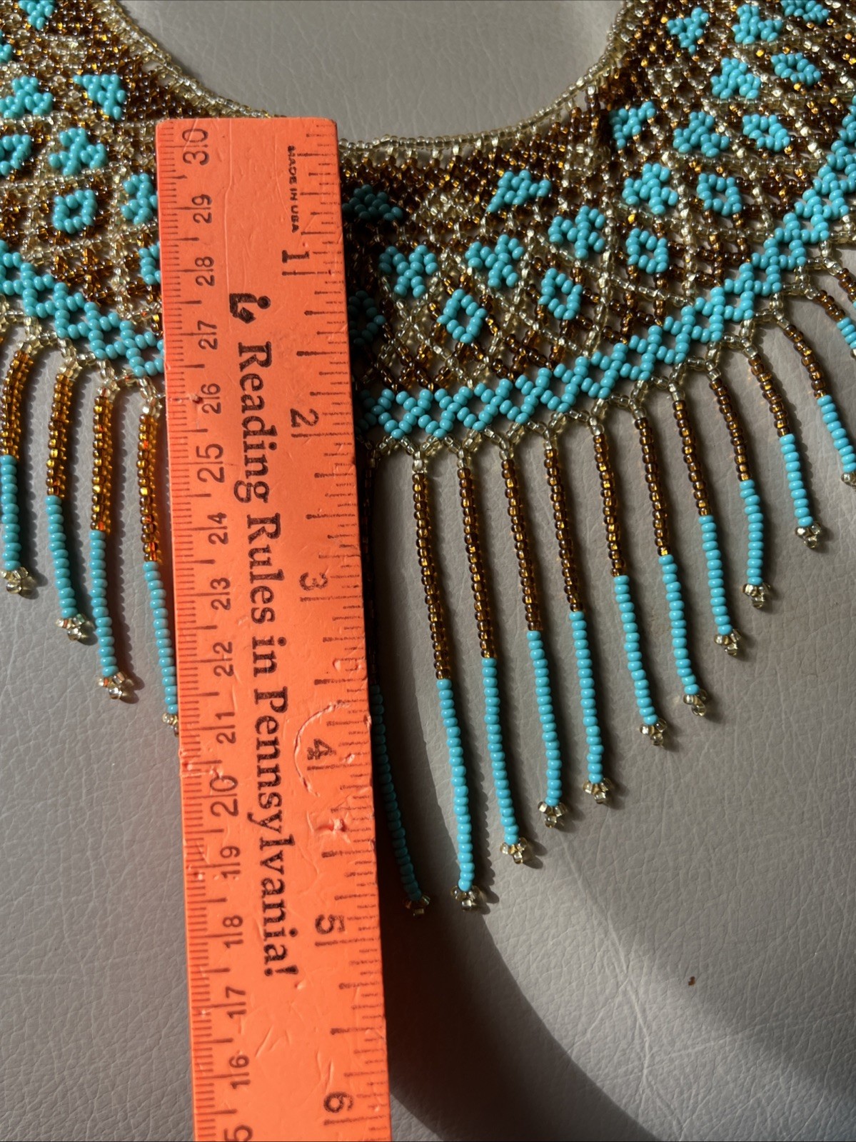 Beautiful Handmade Blue /brown/Yellow Seed Beaded Collar 16.5” Necklace