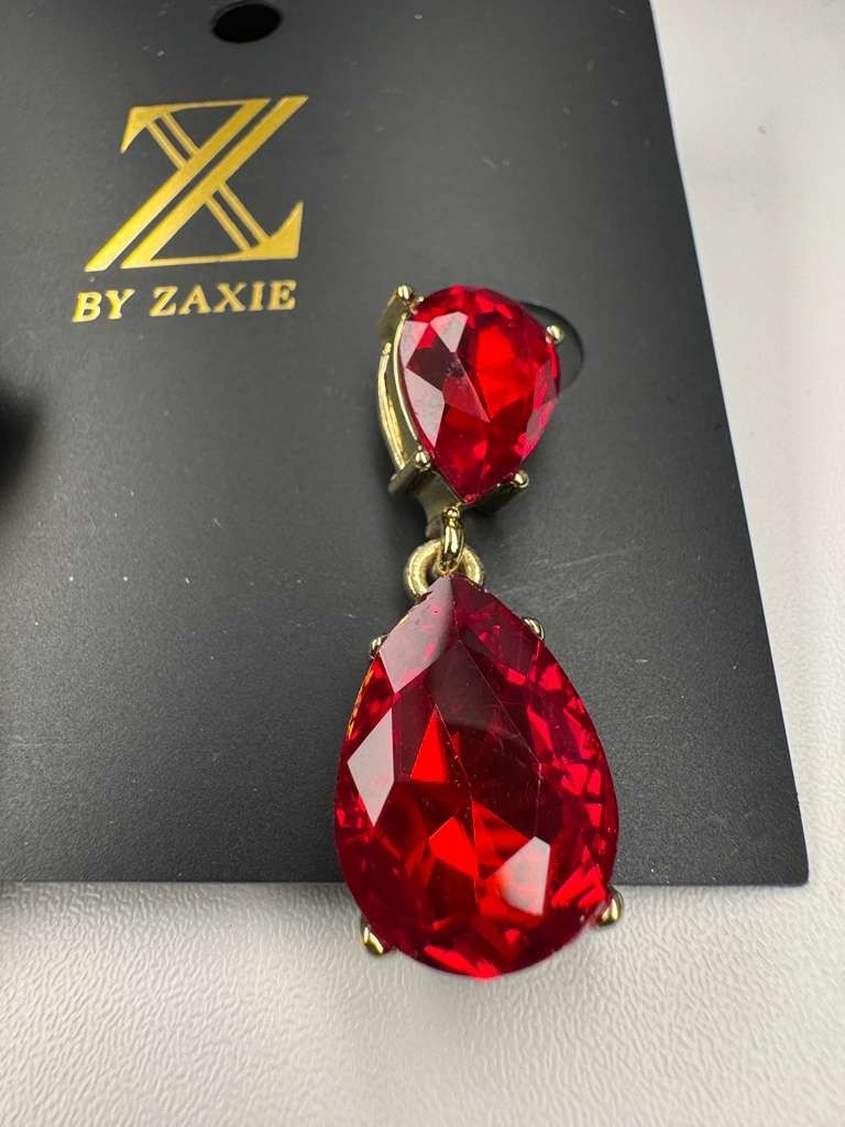 Z by Zaxie Red Crystal Teardrop Dangle Earrings Gold Tone