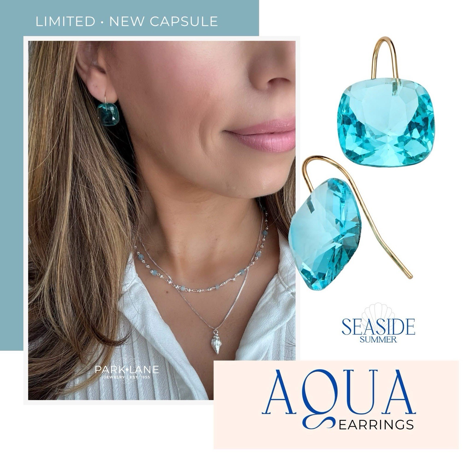 NWT Park Lane AQUA Blue Cushion Cut Crystal GOLD Fishhook EARRINGS Retail $40
