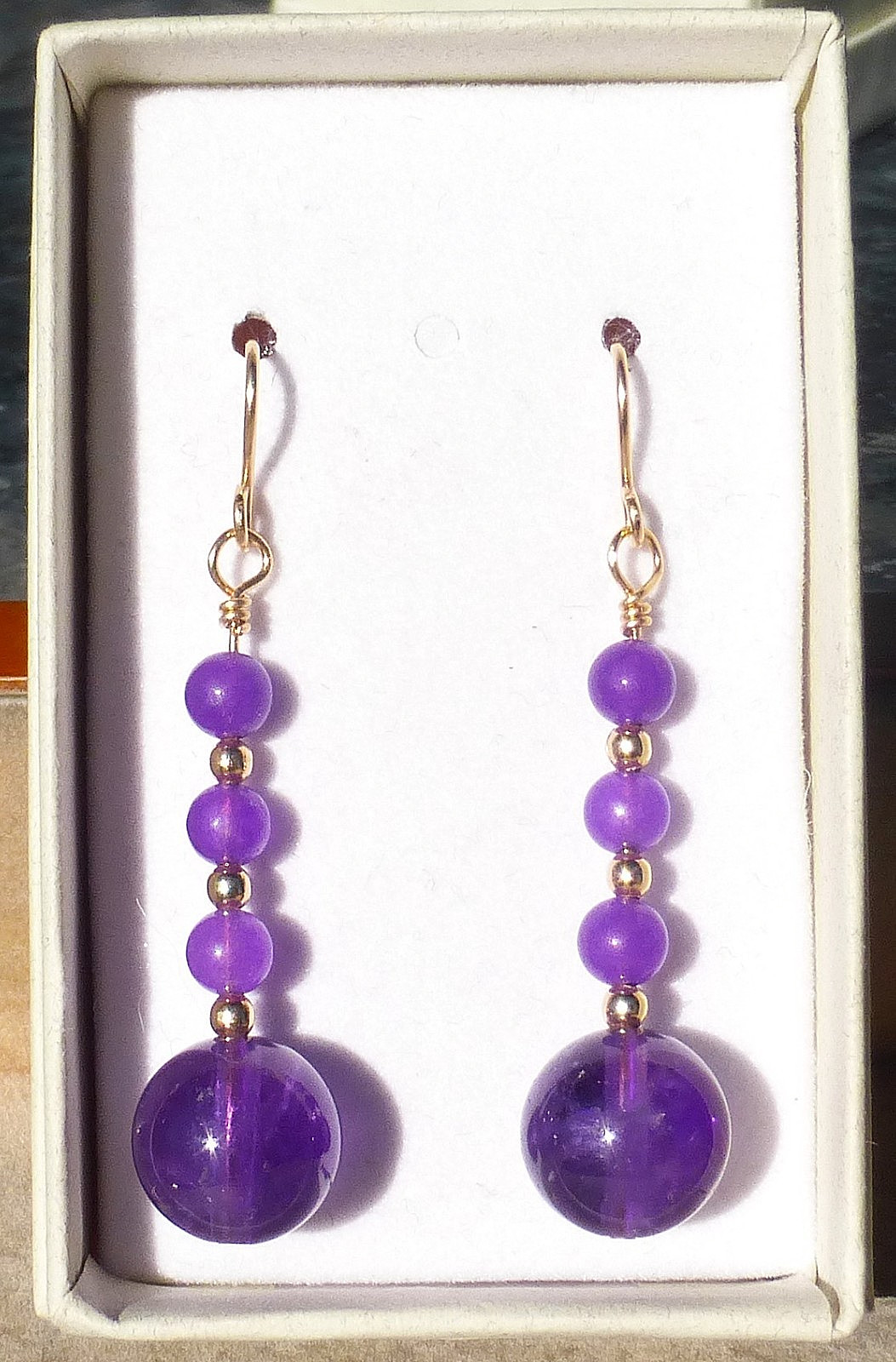 Handmade Amethyst BEAD dangle earrings in 14/20 gold filled Length 1 3/4 in.