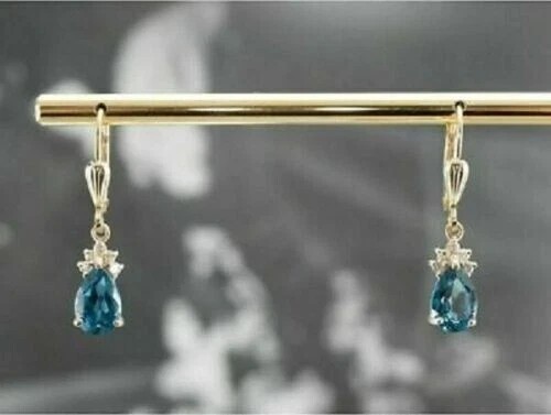 2.50Ct Pear Lab Created London Blue Topaz Dangle Earrings 14k Yellow Gold Over