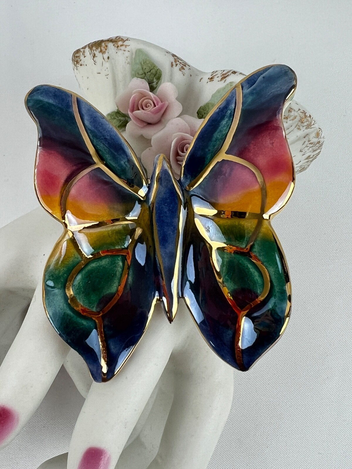 Handmade Large Ceramic Glossy Enamel Butterfly Brooch Multi Color Gold Detailing