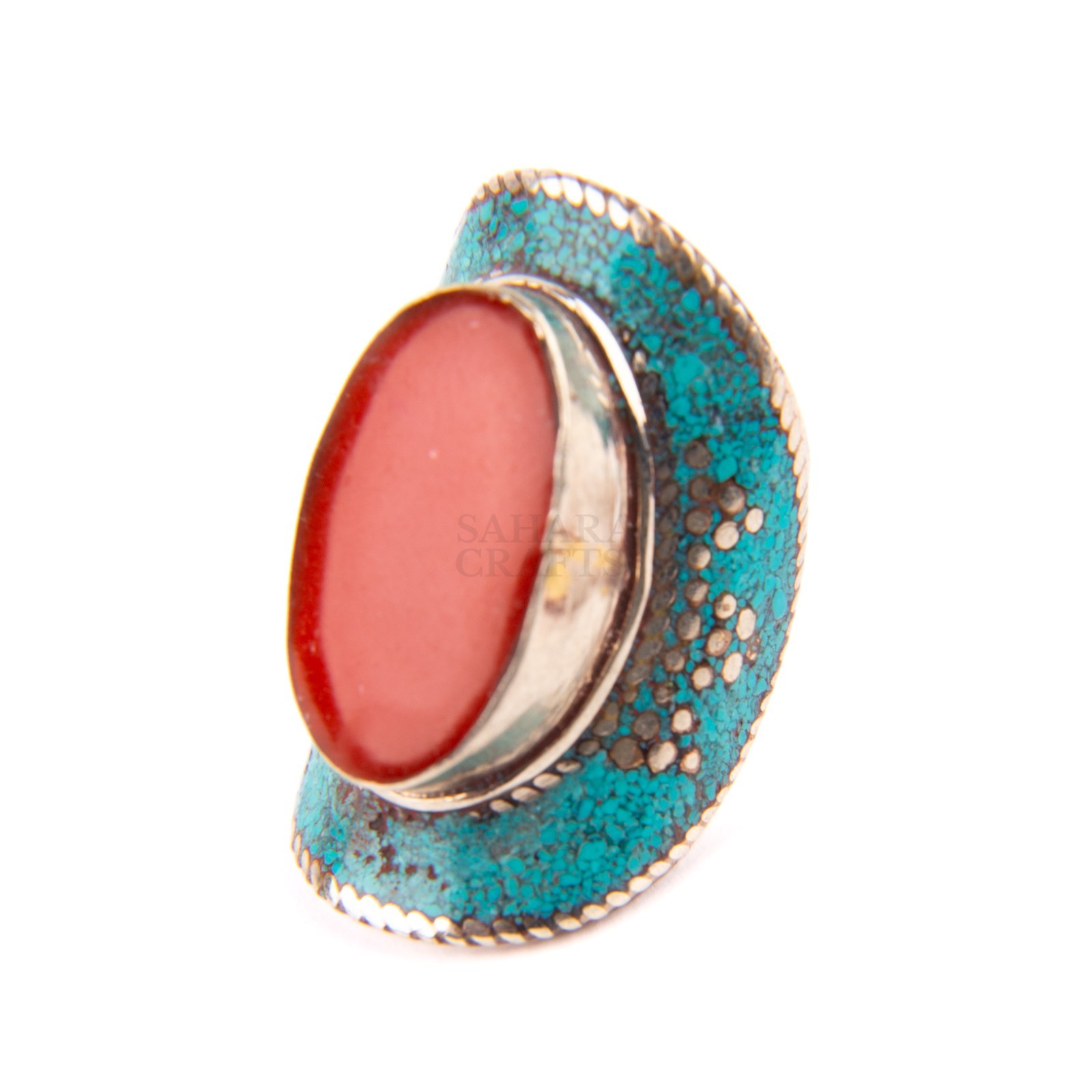 Tibetan Ring, Red Coral Turquoise Stone, Traditional Tibetan Bead Jewelry, US9.5