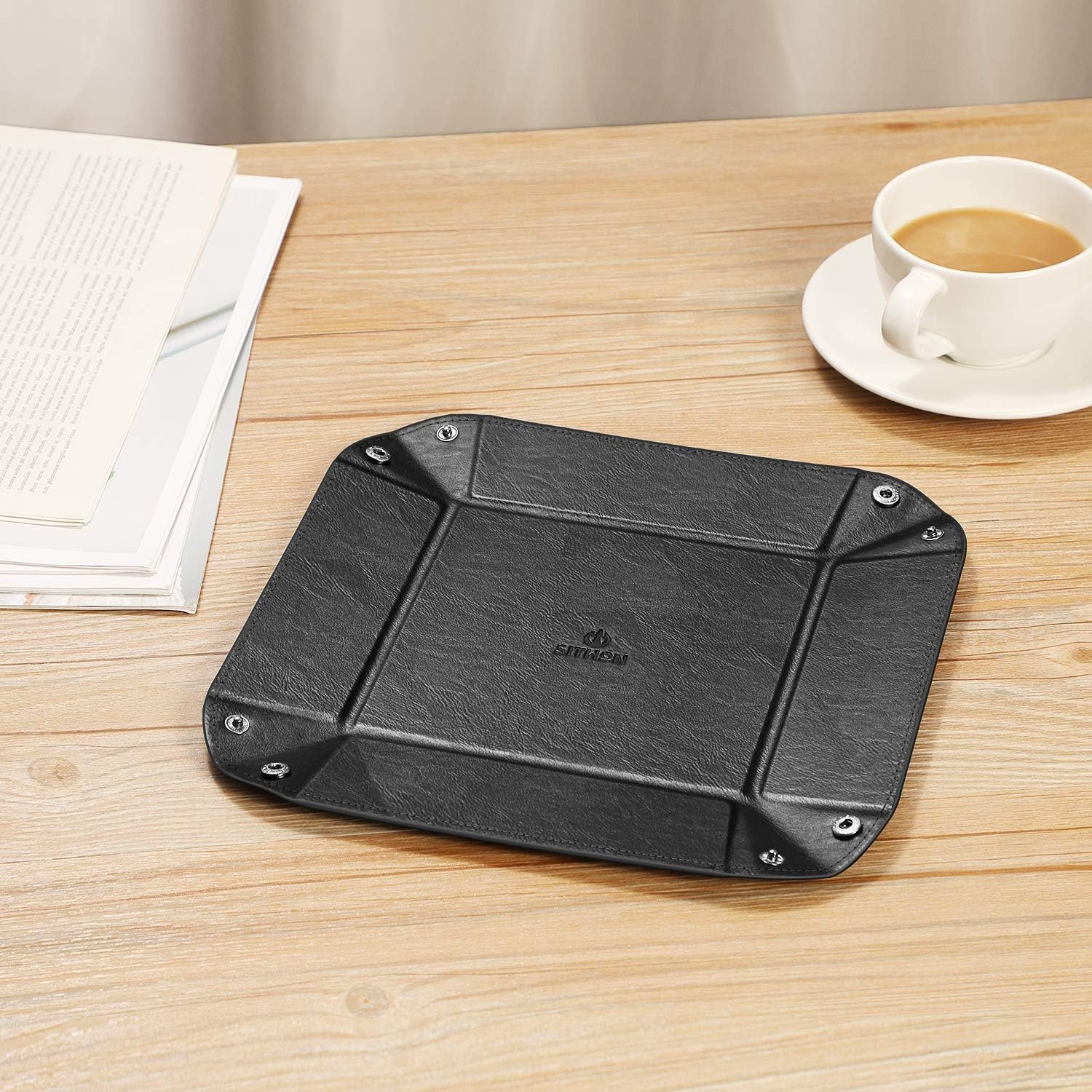 Valet Tray Desktop Storage Organizer – Multi-Use PU Leather Catchall Tray Bedsid