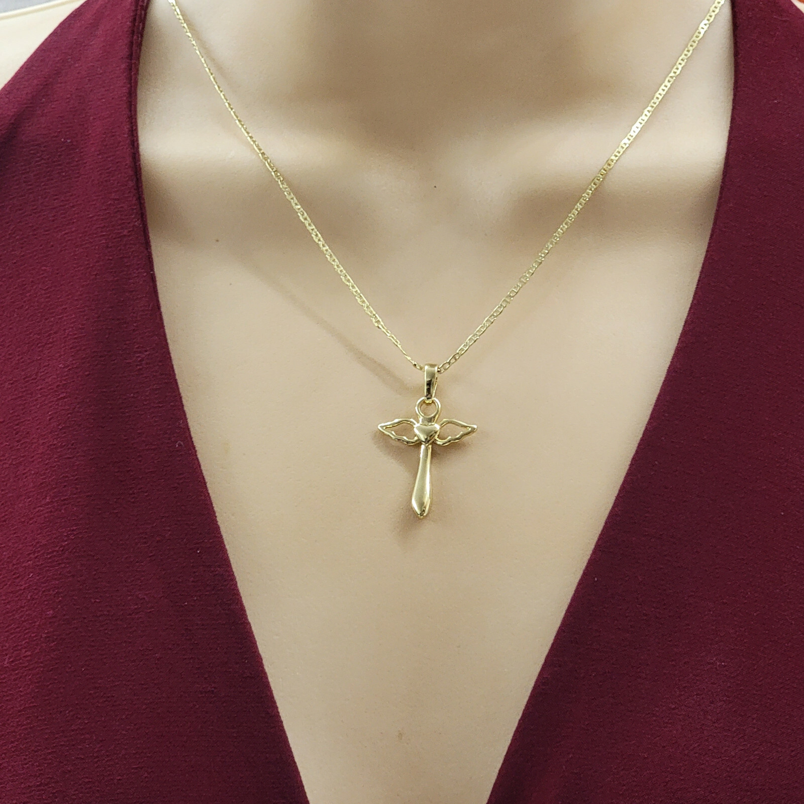 14K Gold Plated Cross with Wings Heart Angel Pendant & 18in chain Jewelry