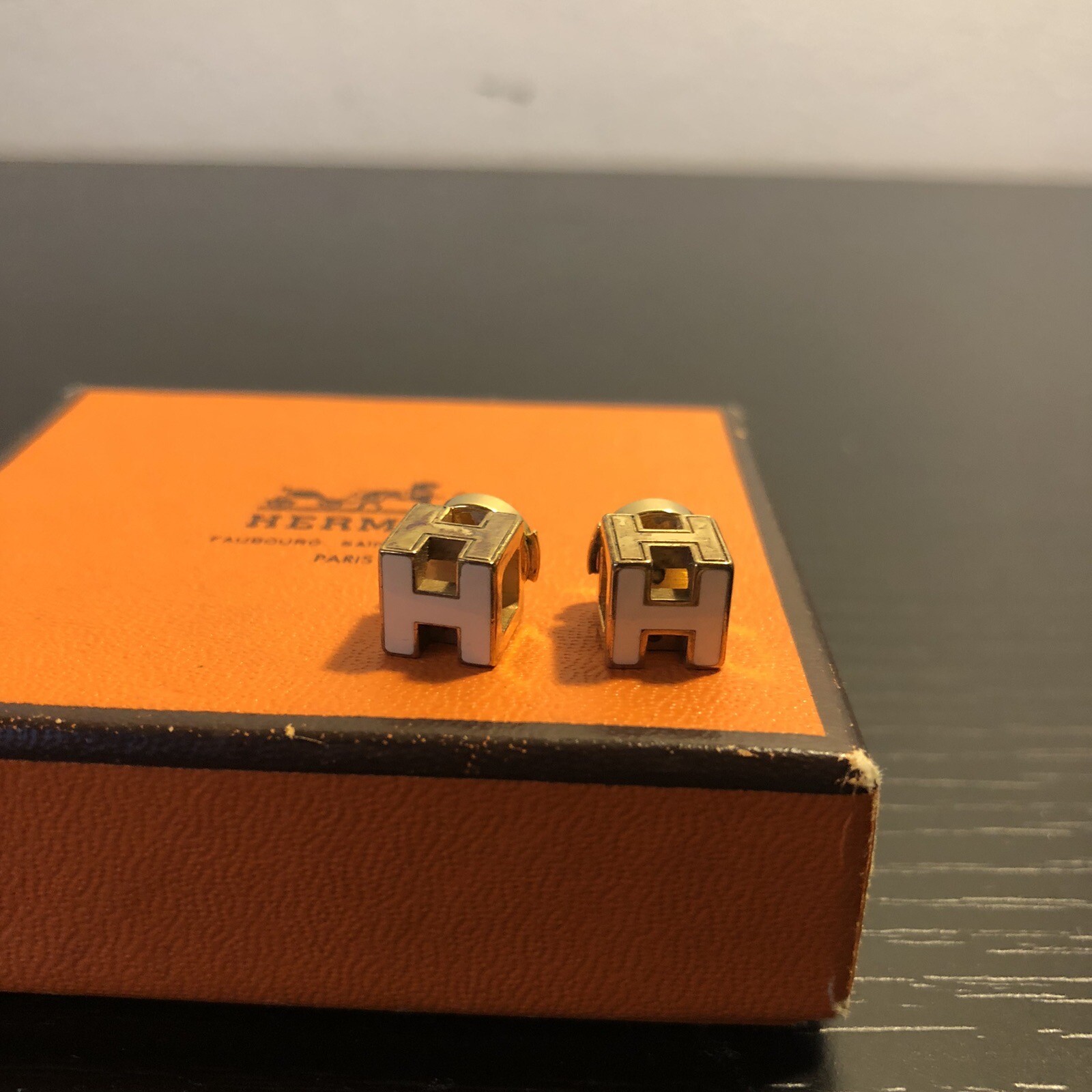 Hermes Stud Square Cube H Logo White Enamel Pierced Post Earrings Gold