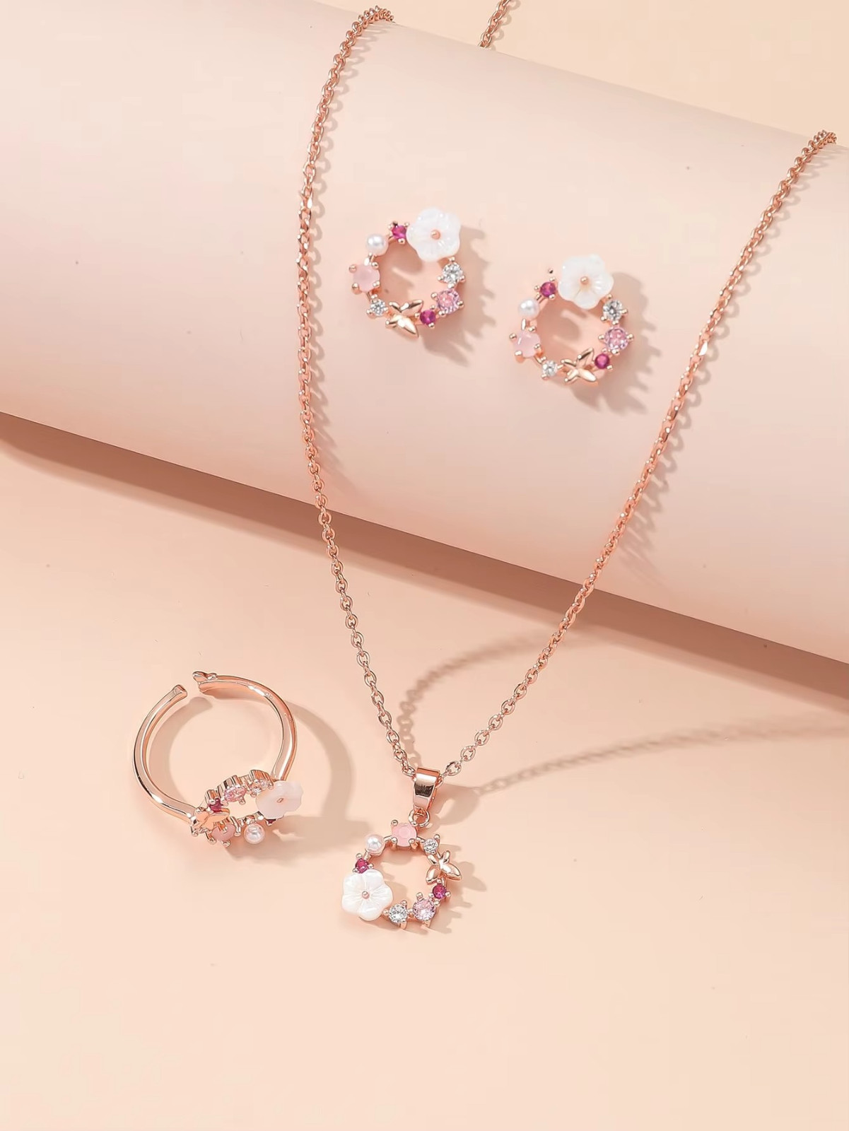 Rose Gold Flower Necklace Earrings Ring Jewelry Set – Zircon Party Accessories