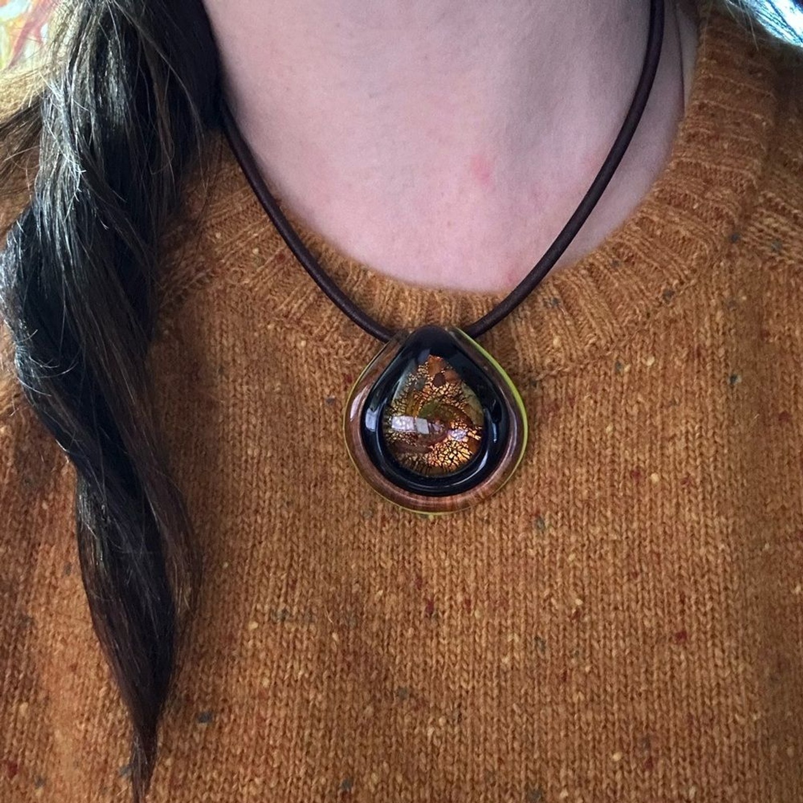 Artisan Glass Teardrop Necklace with Gold and Brown Accents