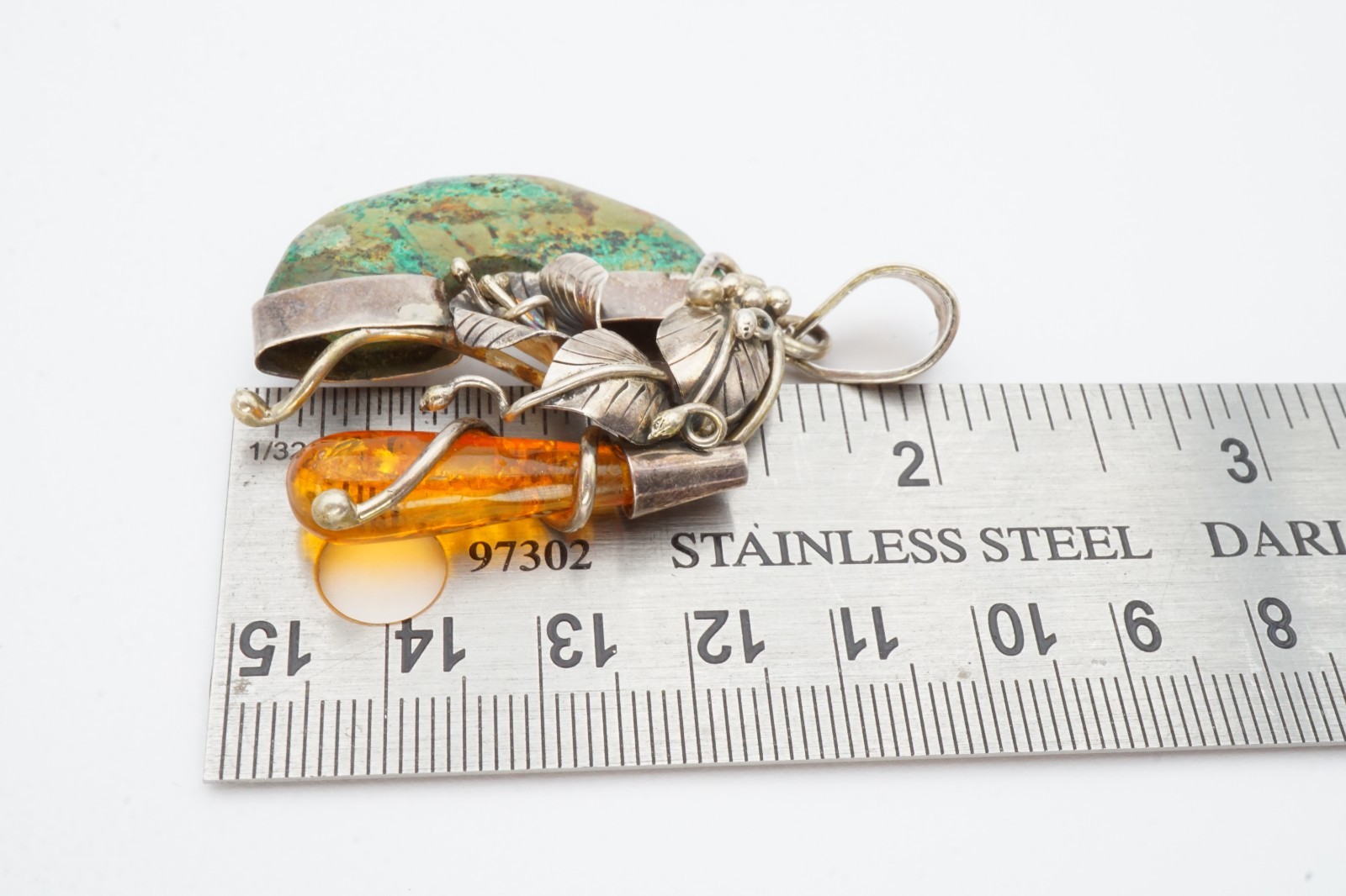 Vintage Sterling Silver 925 Amber Turquoise Pendant