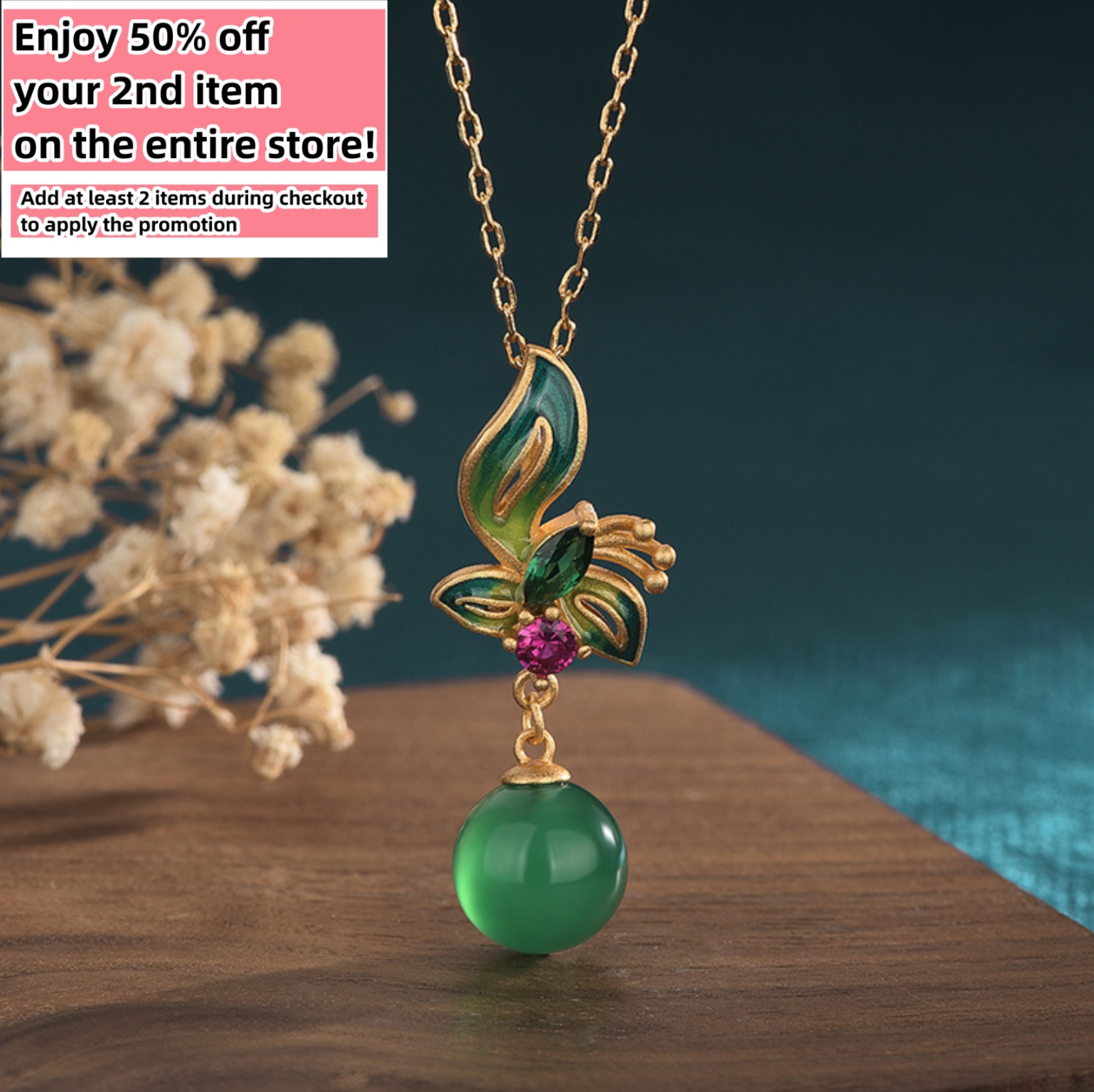Jade Crystal Pendant Necklace Charm 18K Gold Plated Chain Flower Dainty Gemstone