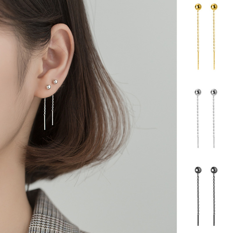 Women Girl Delicate Ball Drop 2″ Threader Earrings Sterling Silver Plated AC1
