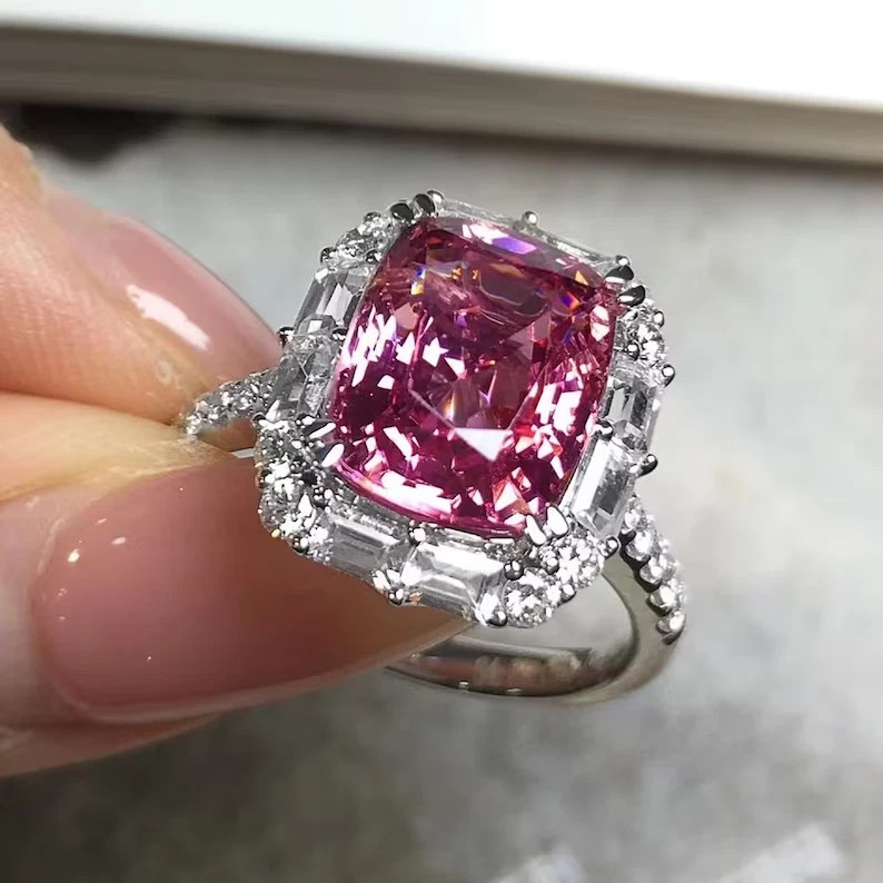 6.50Ct Cushion Cut Natural Pink Sapphire & Solid 14K White Gold Engagement Ring