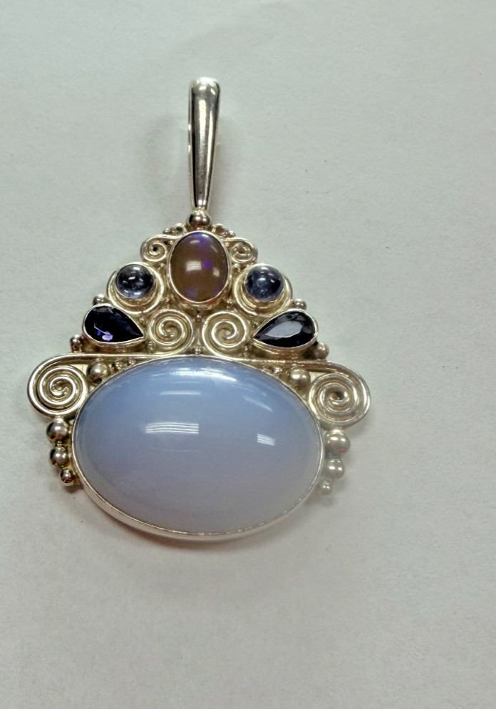 SAJEN Sterling Silver Blue Chalcedony Stone Drop Pendant [076DuW]