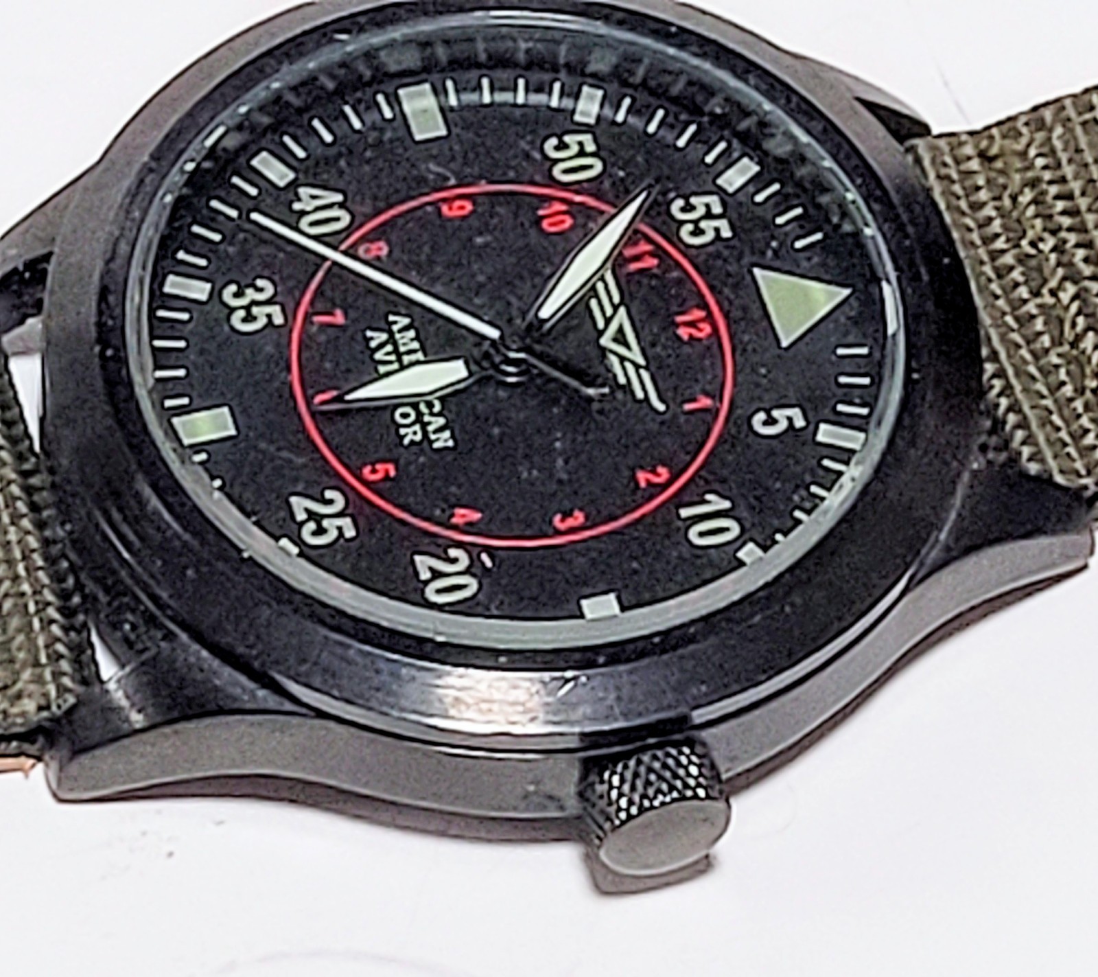 American Aviator 1945 Black Tone Quartz Wristwatch Field Watch Olive Green Band