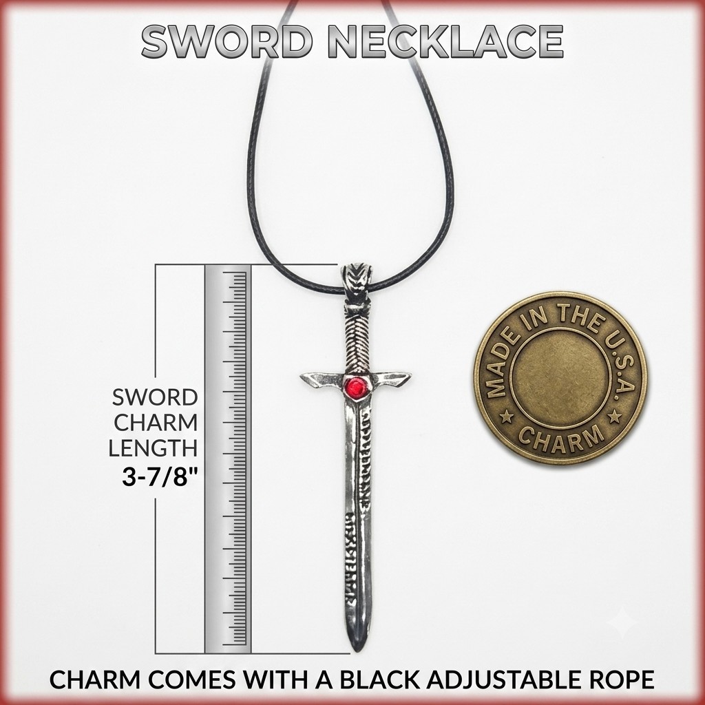 LARGE SWORD / RED STONE Pewter Pendant Charm / 26+” Adjustable Rope Necklace