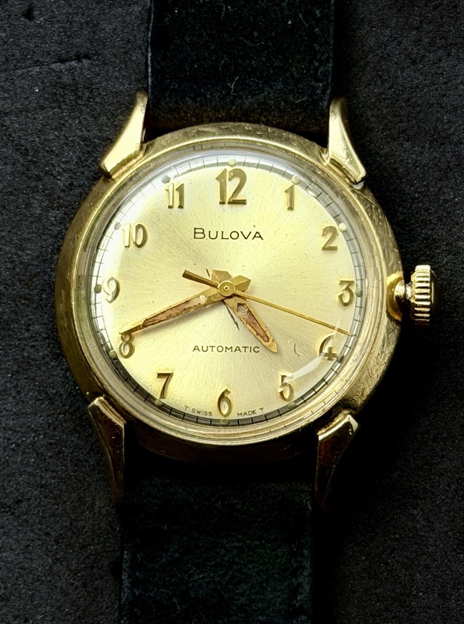 Vtg 1969 BULOVA Men’s 34mm Self-Wind Automatic Watch Gold Case Dial Black Suede
