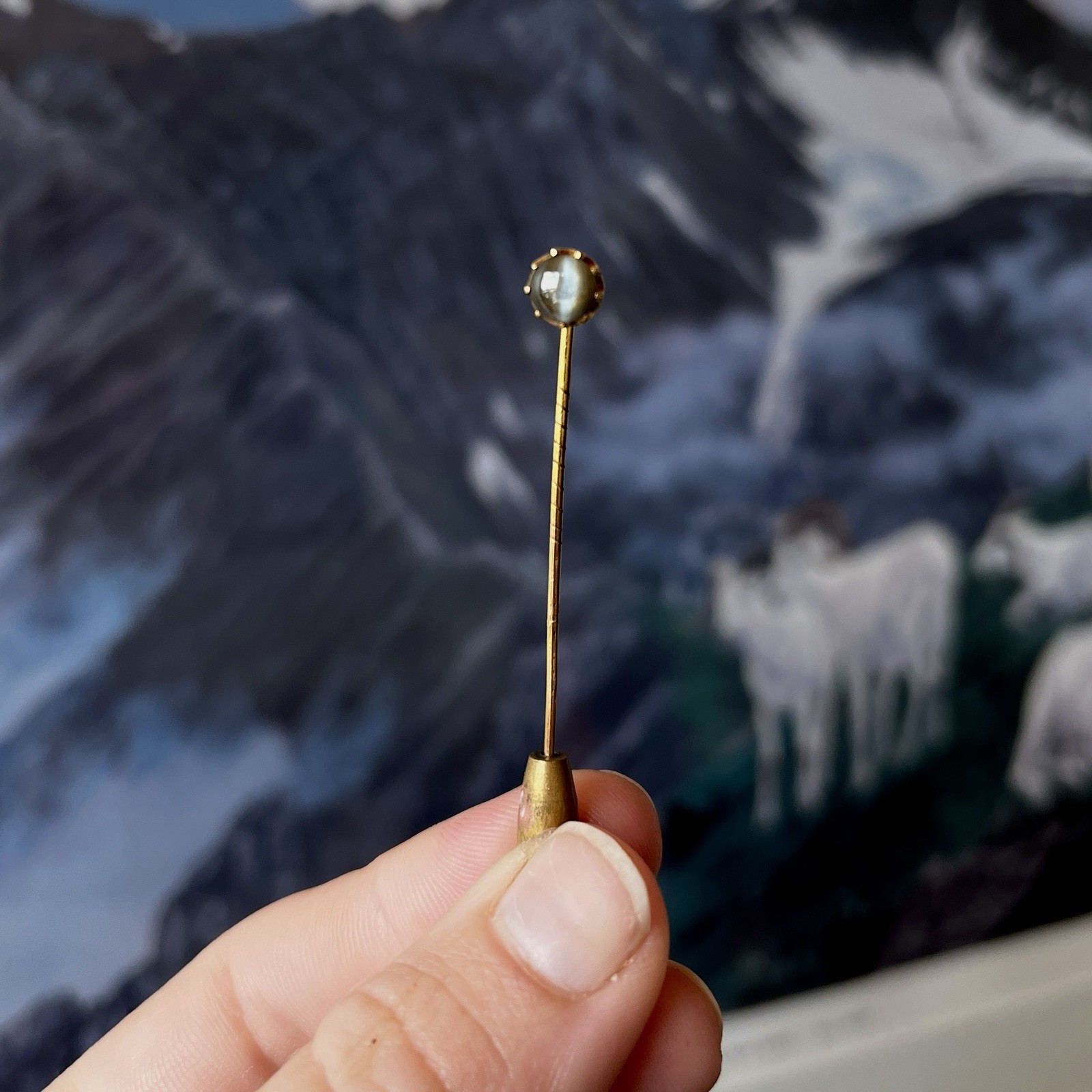 Vintage 14K Gold Chrysoberyl Cat’s Eye Stick Pin. Original 1970 Jeweler Receipt