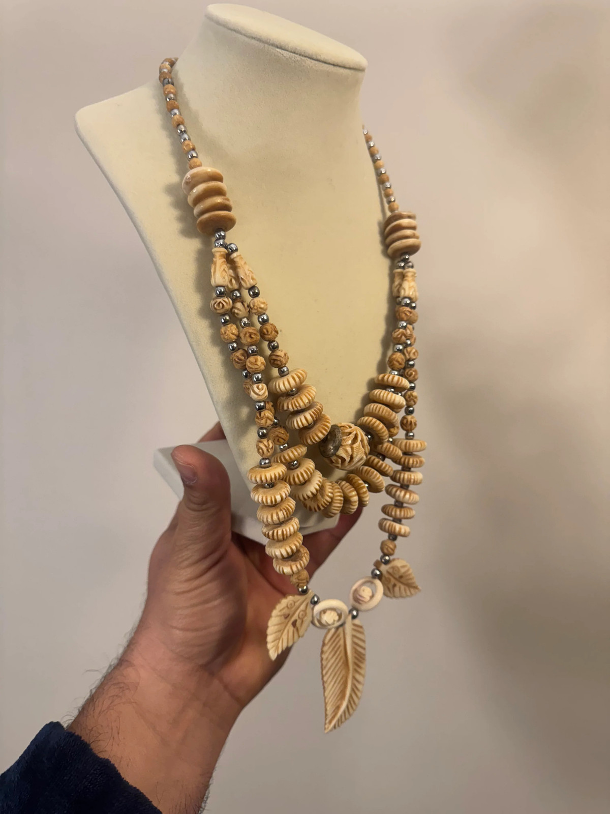Vintage Multi Strand Carved Bone Necklace