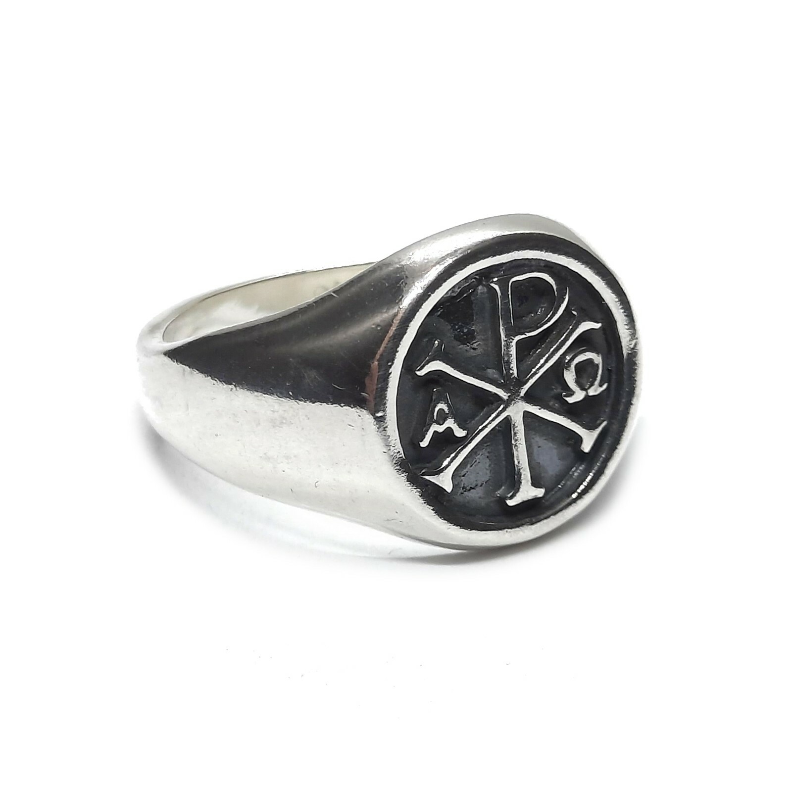 Genuine Sterling Silver Men Ring Chi Rho Alpha Omega Solid Stamped 925 Handmade