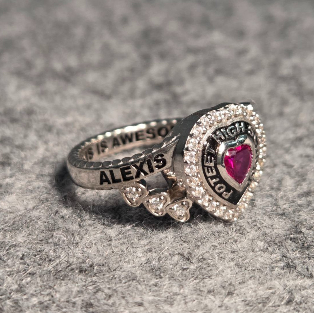 High School Class Ring 2026 Custom Pink Ruby Heart Stone In 925 Silver Halo Ring