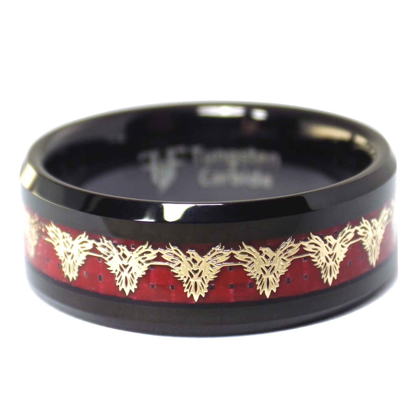 Gold Red Fire Phoenix Black Tungsten Ring 8mm Mens Womens Size 5-17