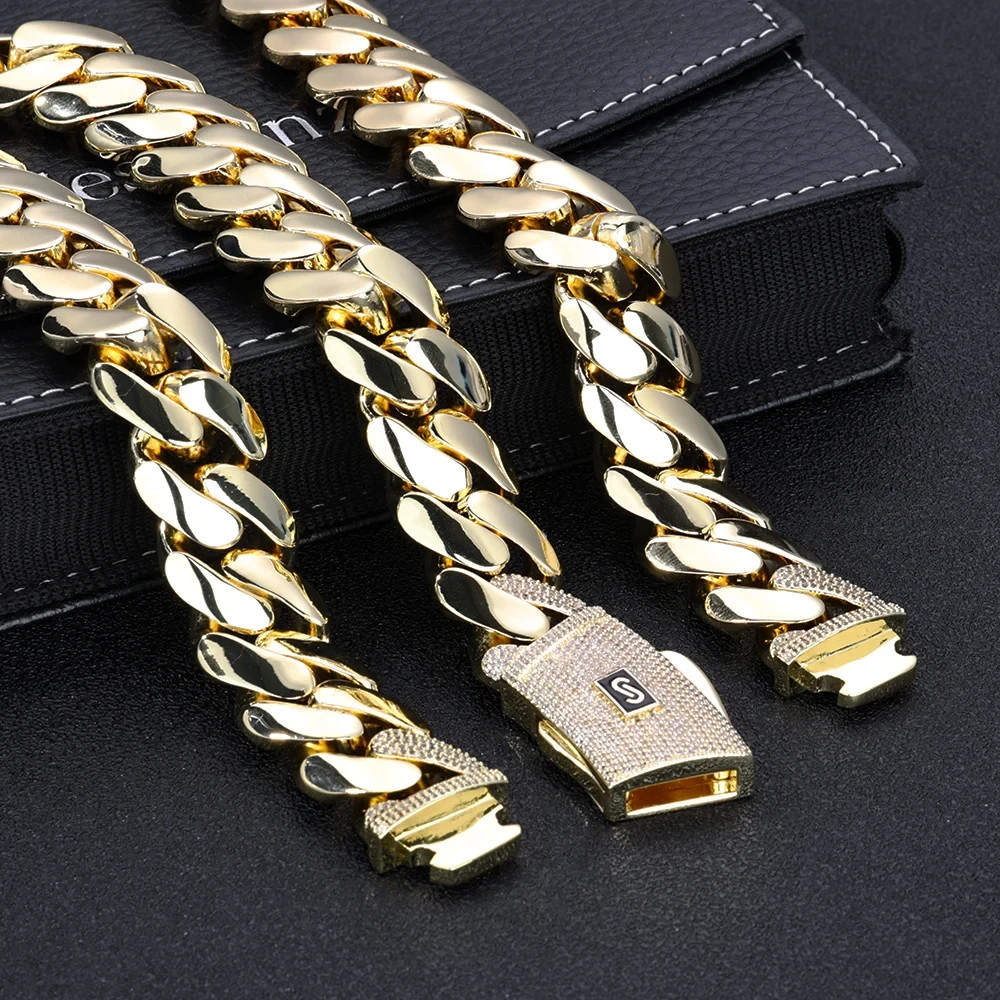 5AAA+ CZ 20mm Cuban Link Chain Necklace Bracelet Gold Plated Brass Iced Out