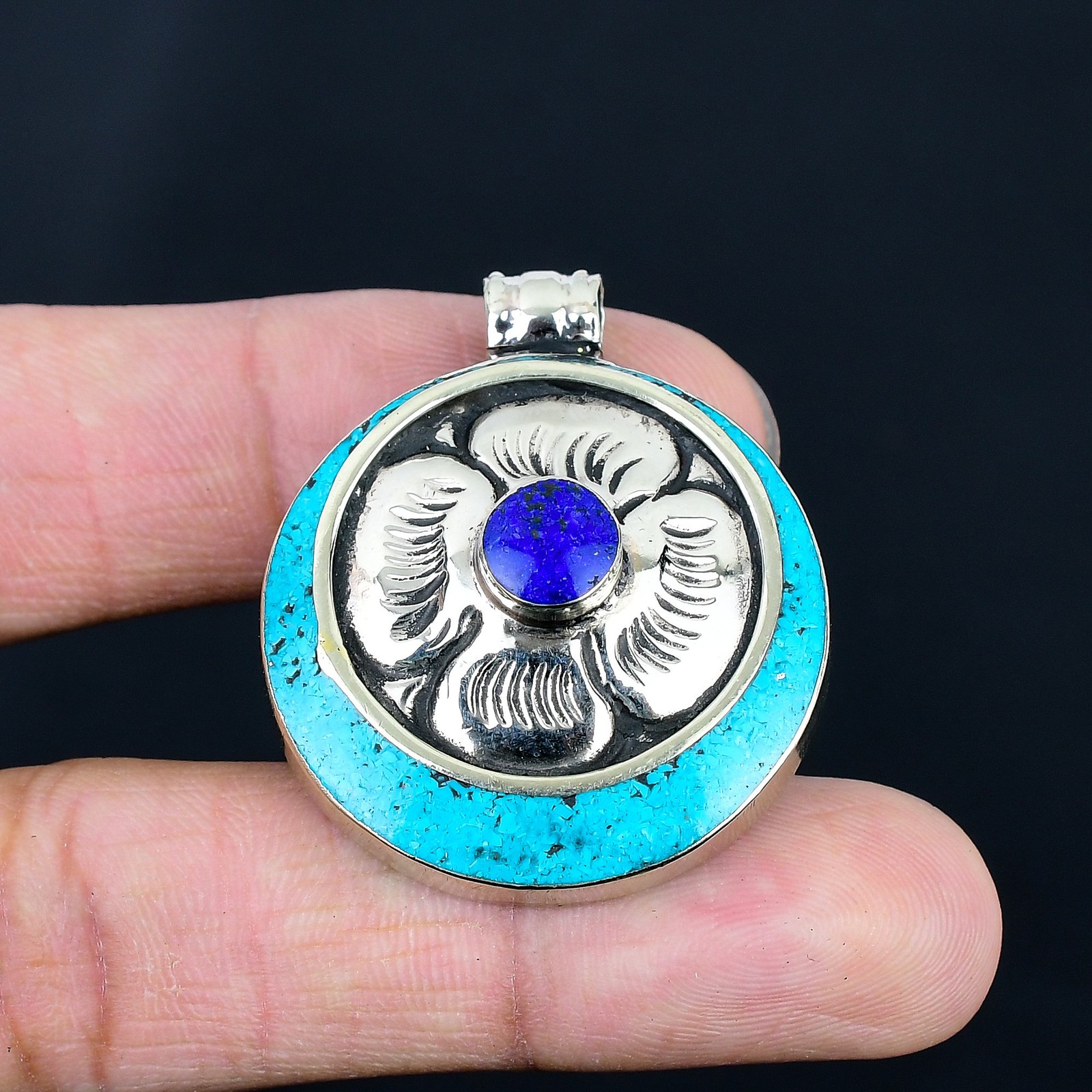 Lapis Lazuli Turquoise 925 Sterling Silver Handmade Nepali Pendant 1.7″ PG 2406