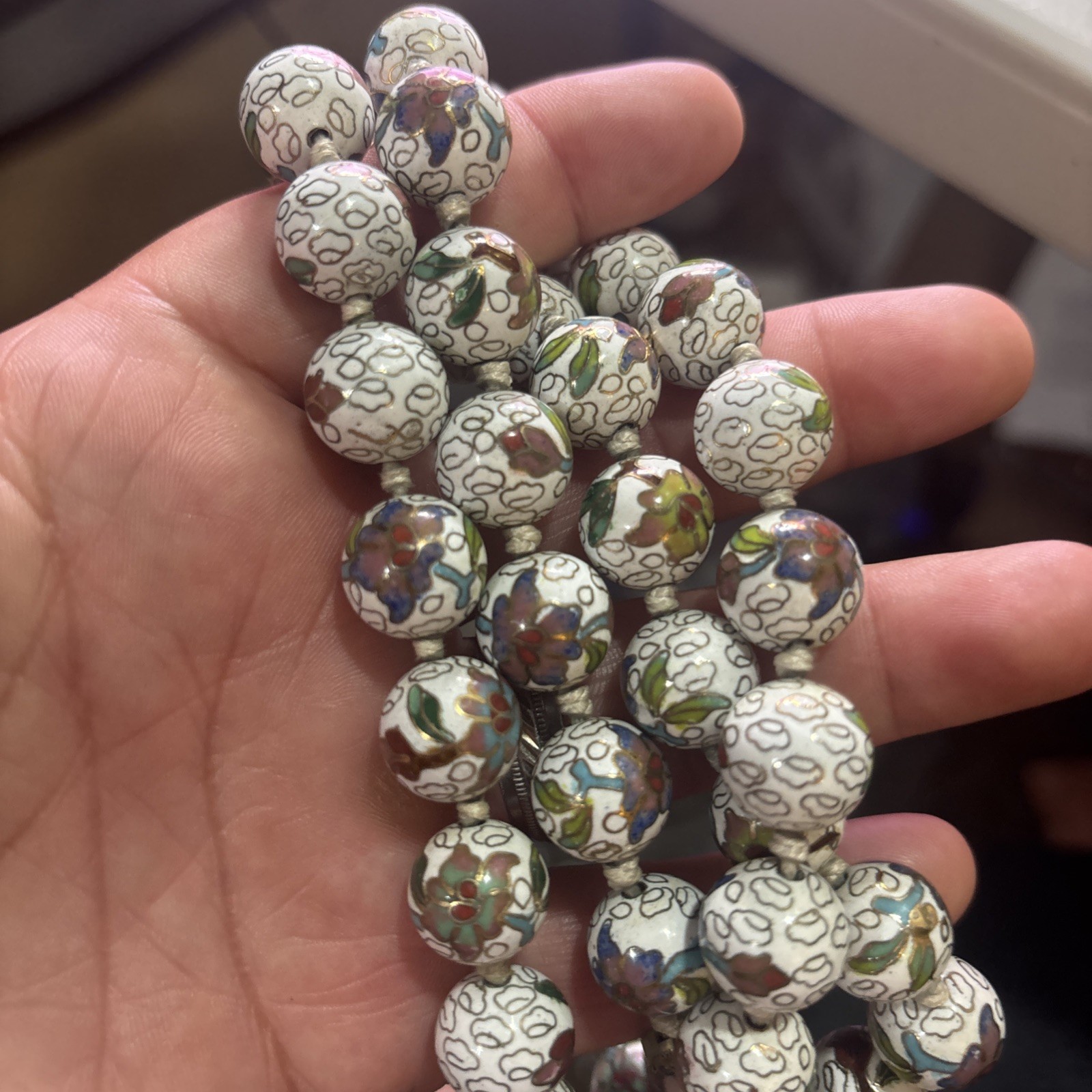 Vintage Chinese Cloisonne Bead Necklace White Enamel Floral Hand Knotted 27”