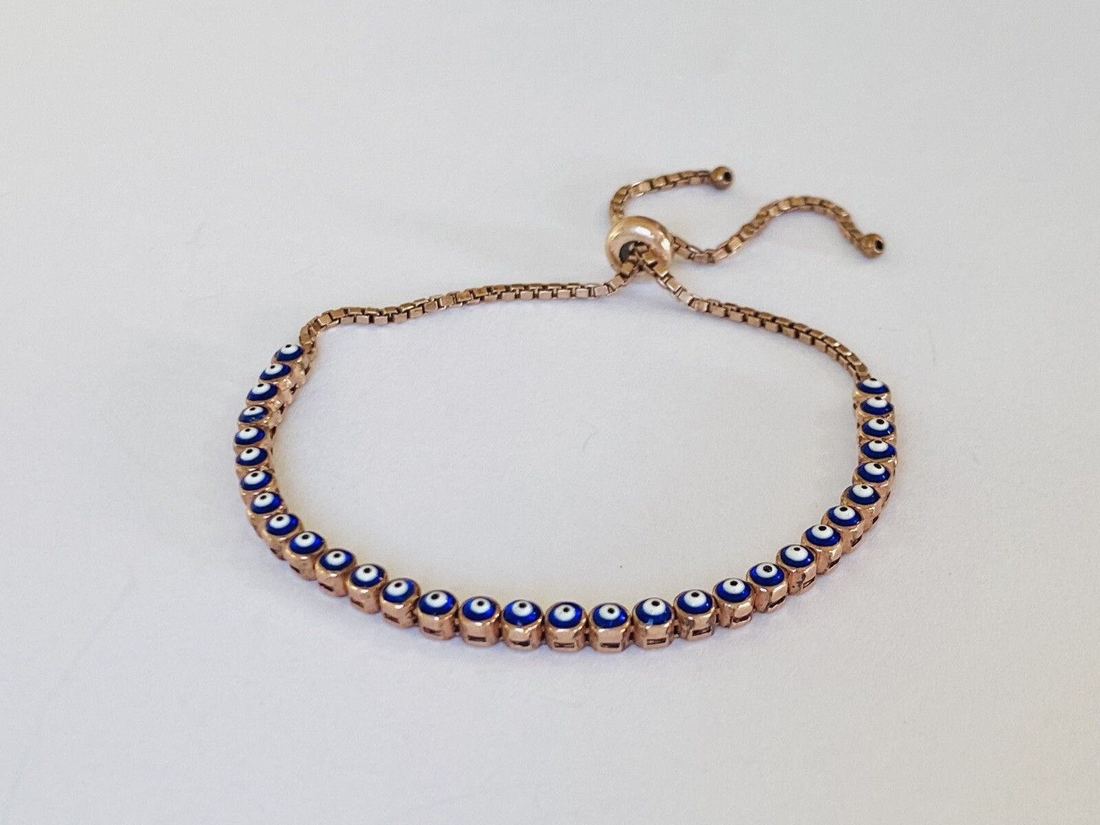 925 Sterling Silver Rose Gold Color Vermeil Evil eye Link Chain Bolo Bracelet