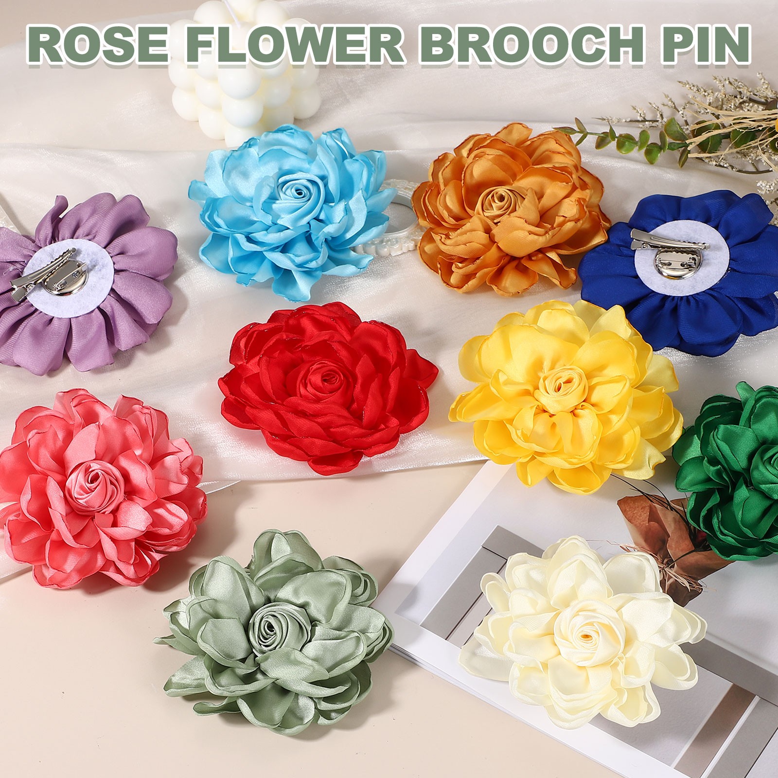 Flower Brooch Pin, Satin Rose Hair Flowers Clips for Wedding Beige