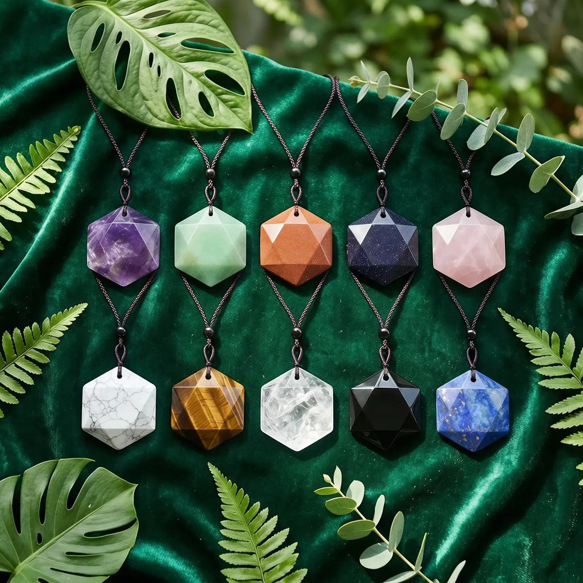 6PCS Hot Sale Mixed Gemstones Star Hexagon Shape Necklaces Adjustable Cord