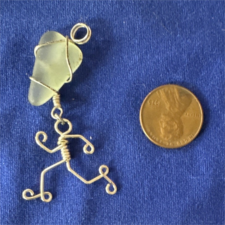 Wire Wrapped Green Sea Glass Charm Pendant, Silver Tone Metal Figure, Beach