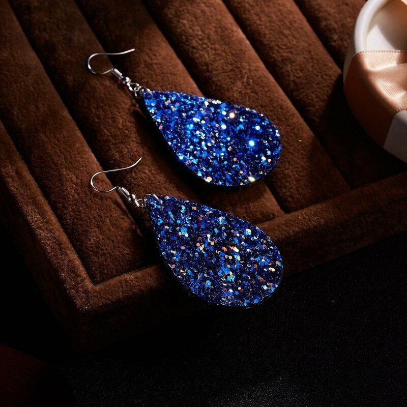 Fashion Jewelry Blue Glitter Faux Leather Fabric Teardrop Hook Dangle Earrings