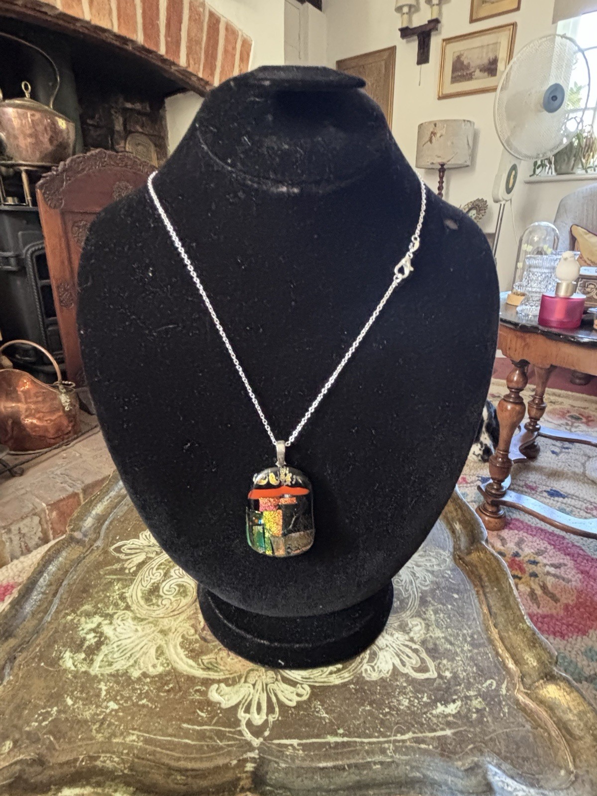 Handmade Dichroic Fused Art Glass Pendant Necklace Black Multicolour Abstract