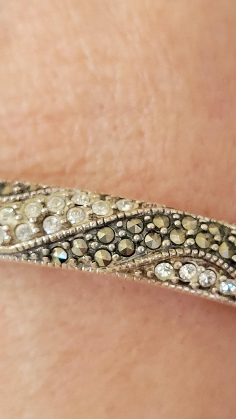 Vintage 925 Sterling Silver Marcasite Bangle Bracelet with Safety Chain
