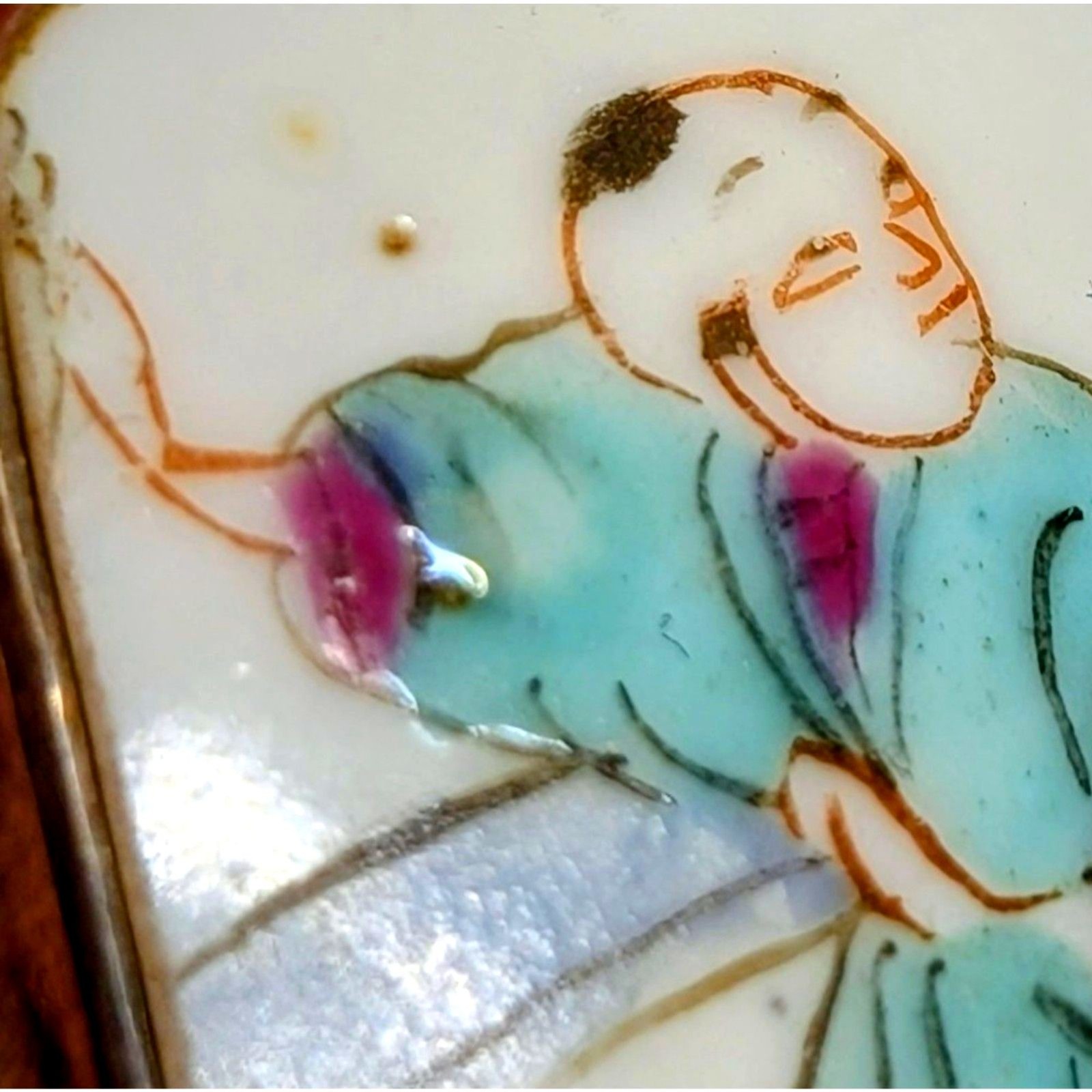 Antique Hand Painted Chinese Porcelain Shard Pendant in Vintage Metal Setting