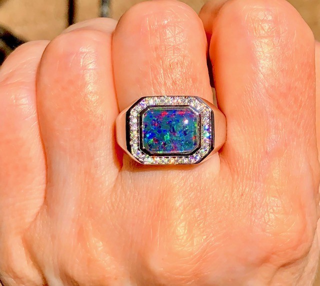Heavy SS 10 SOLID Natural Australian Black Red Opal Men’s ring Signet SEE VIDEO