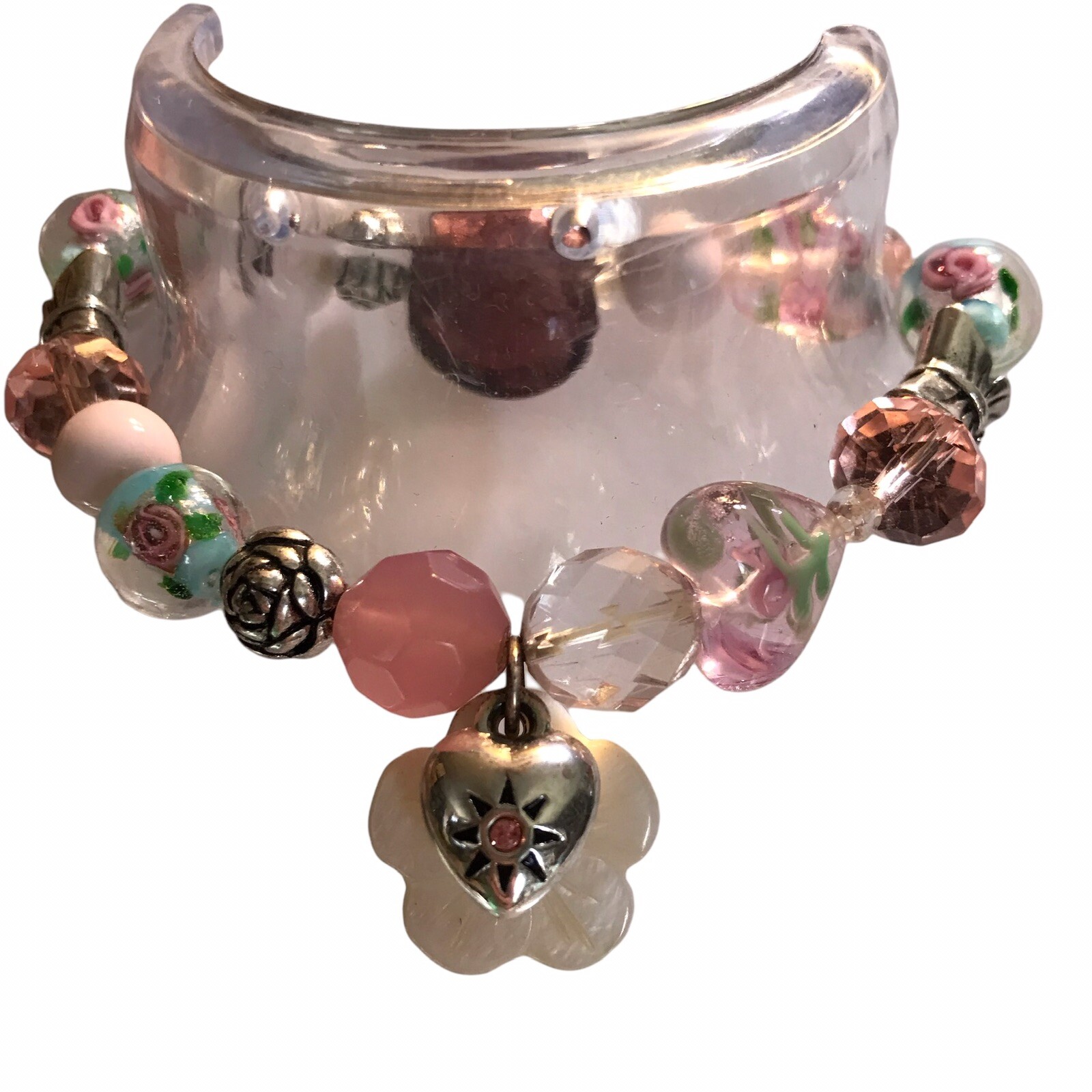 Vintage Art Glass Beaded Stretch Bracelet Lampwork Floral Heart Pink Barbiecore