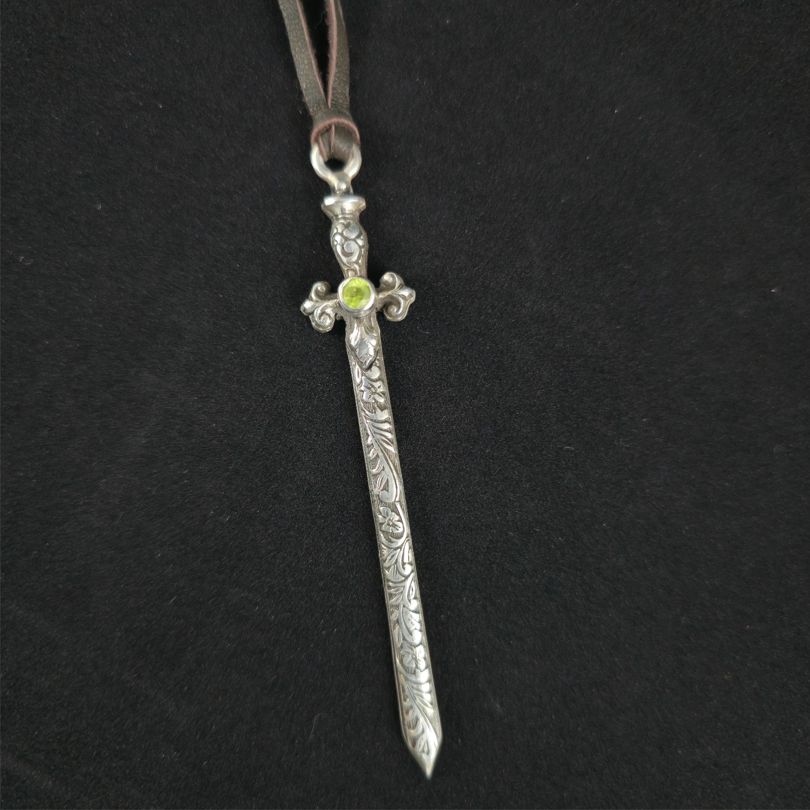 Floral Engraved Sterling Silver Sword Necklace, Gothic Renaissance Style Pendant