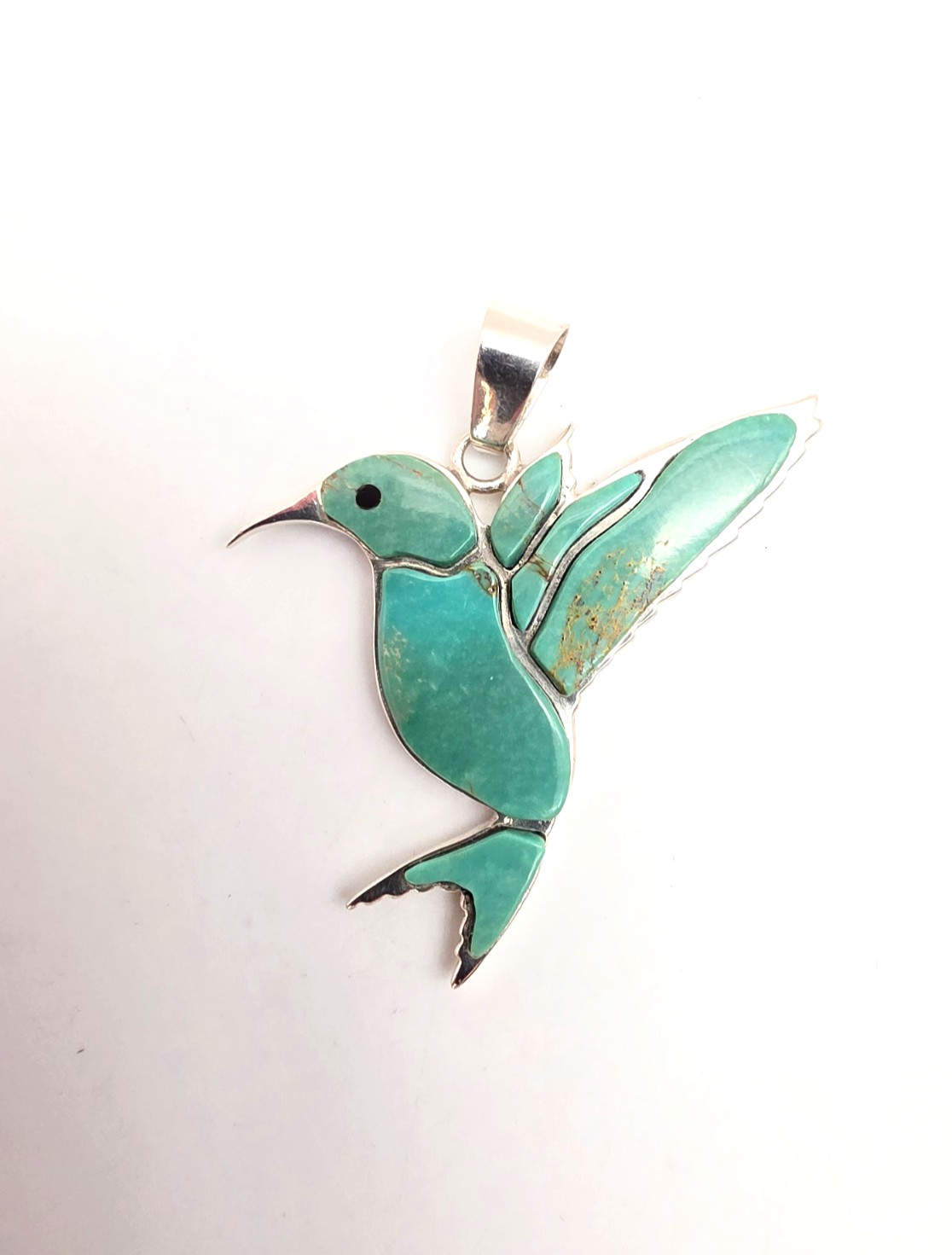 NEW STERLING SILVER ARTIST MARKED MT LG. HUMMINGBIRD PENDANT W/INLAID TURQUOISE!