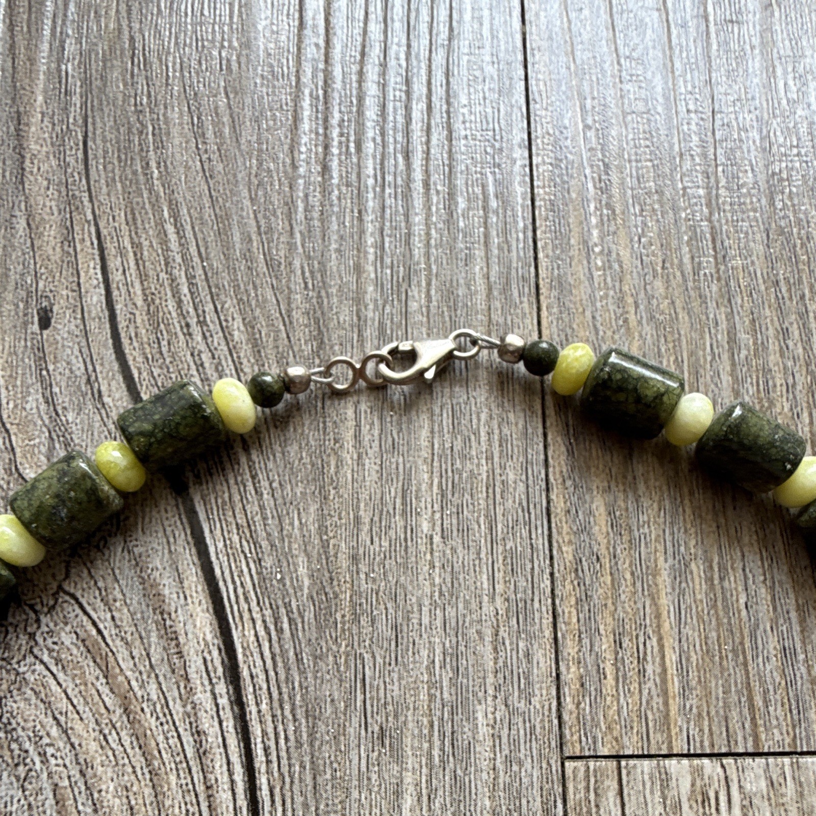Green serpentine and Yellow Jade beaded necklace with silver lobster claw