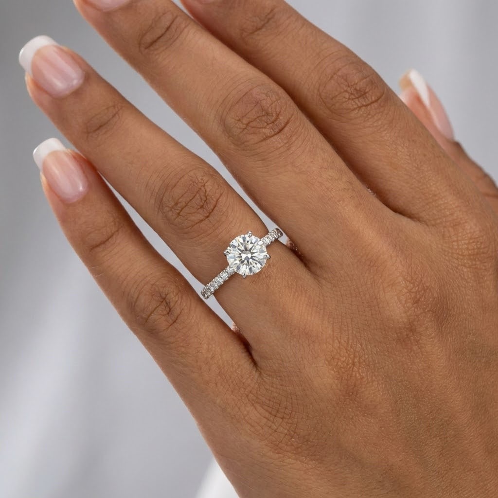 Side Stone Engagement Ring 14K Gold Petite Round 1.65 CT Lab-Grown Diamond H VS2