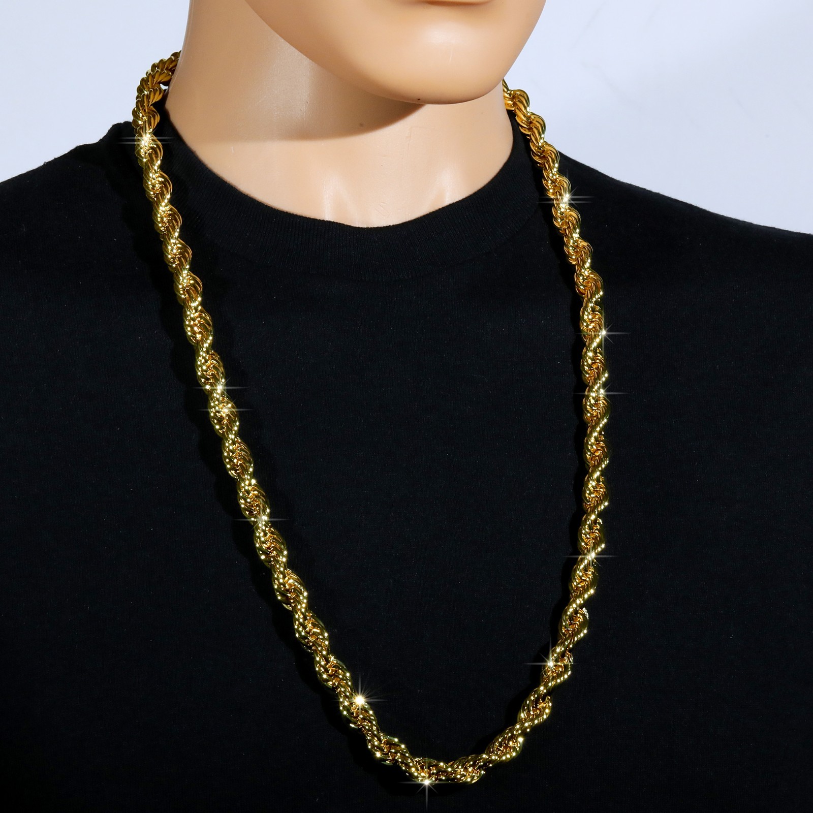 Rope Chain Necklace 10mm 30″ Gold Plated Silver Black & Rose Men Hip Hop Jewelry