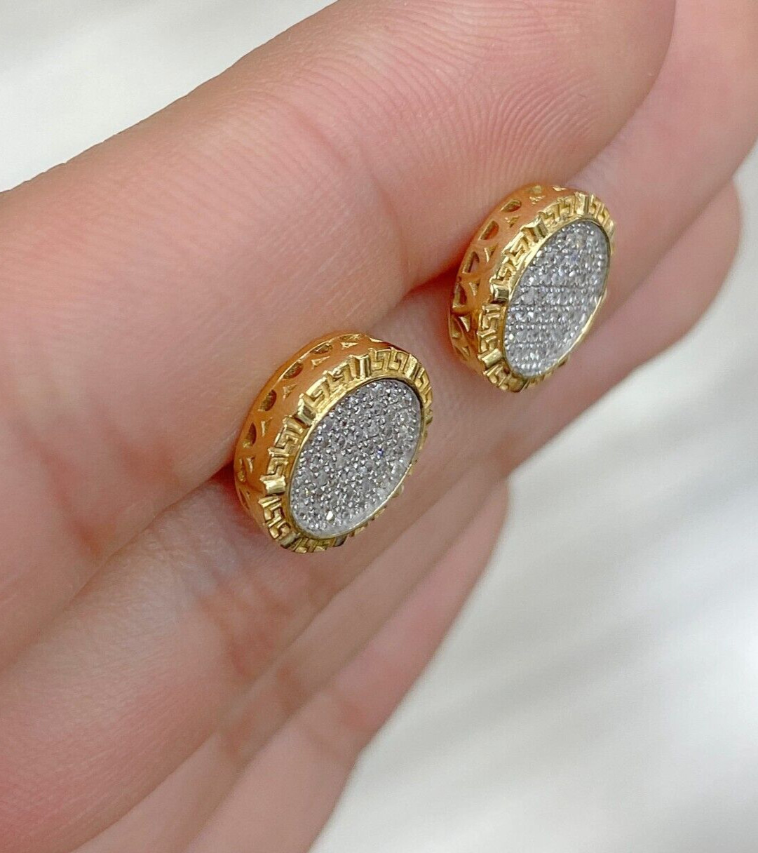 10K Yellow Gold Genuine Natural 0.25ctw Pave Diamonds Studs Earrings 10.8mm