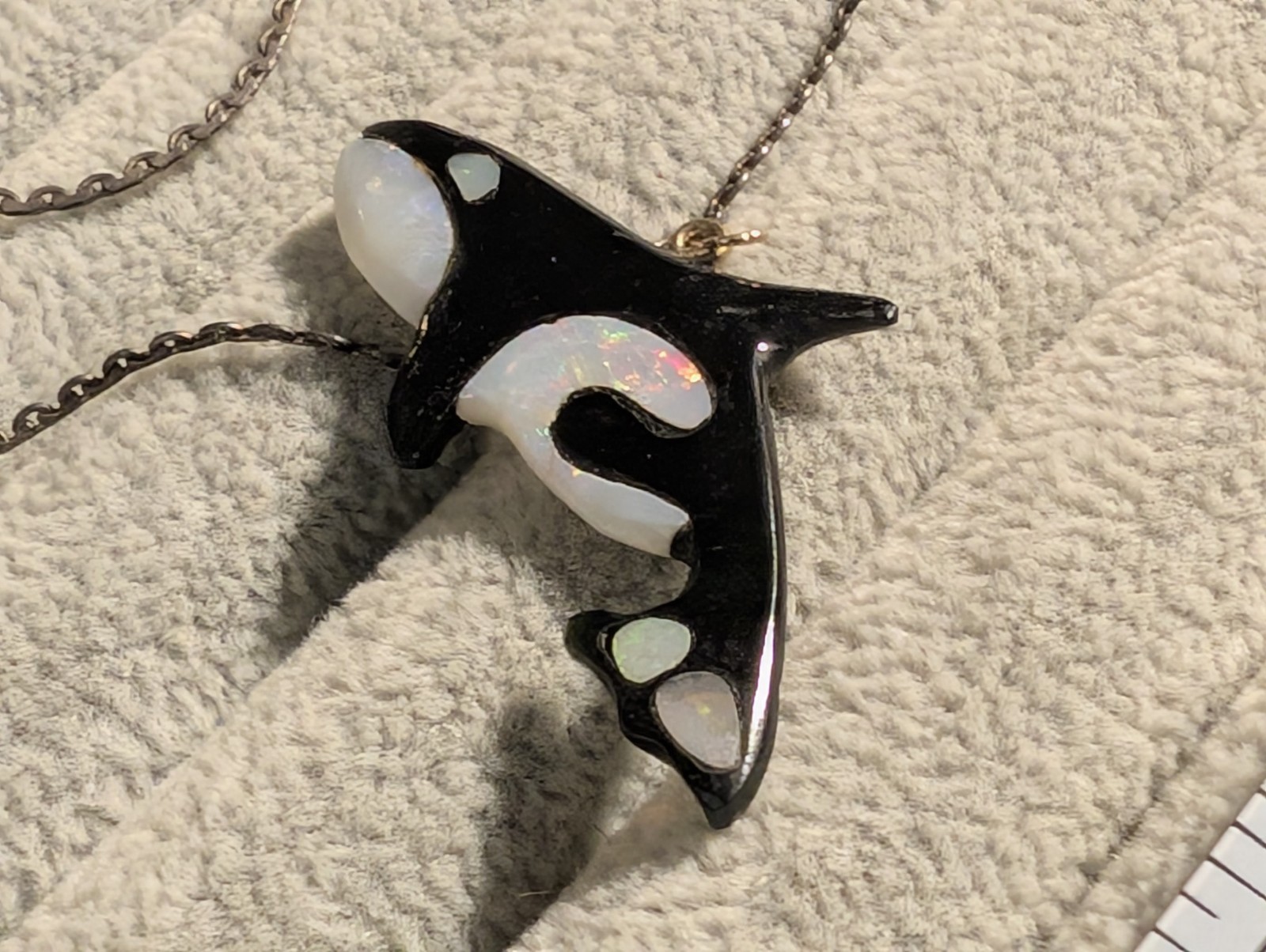Inlaid Black Coral & Genuine Opal Sea Wolf Killer Whale Pendant W/ .925 Chain!