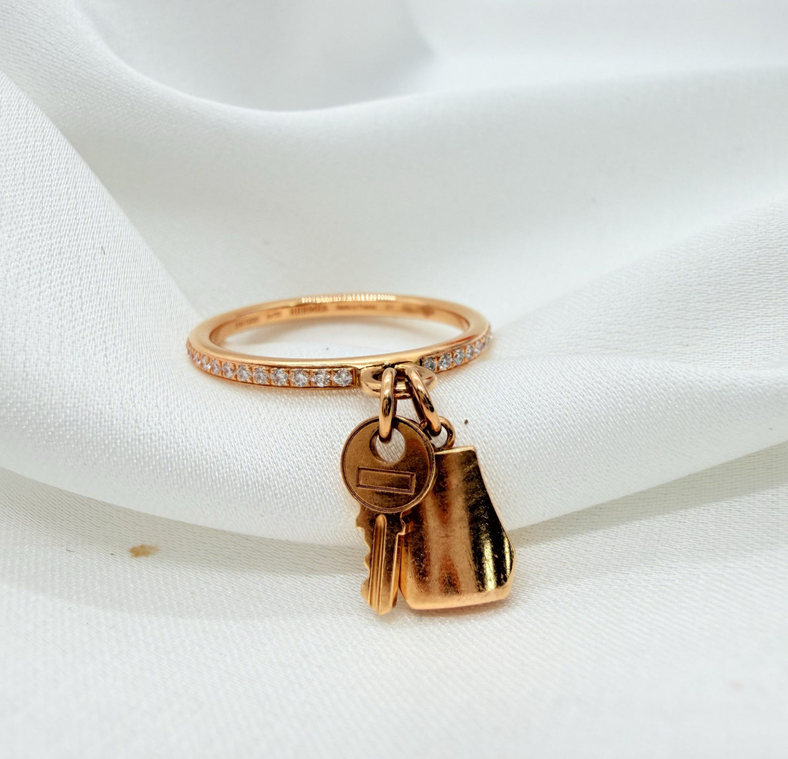 Hermes Kelly Clochette 18K Rose Gold Diamond Ring Size51 With NGTC Certificate
