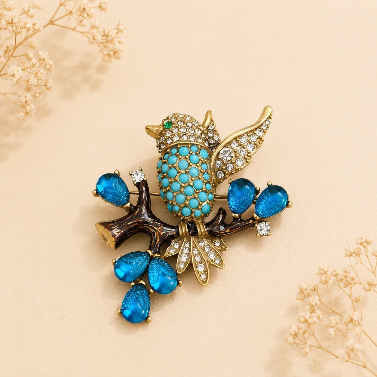 Statement Blue Bird Brooch, Nature Inspired Pin, Botanical Jewelry, Bird Brooch