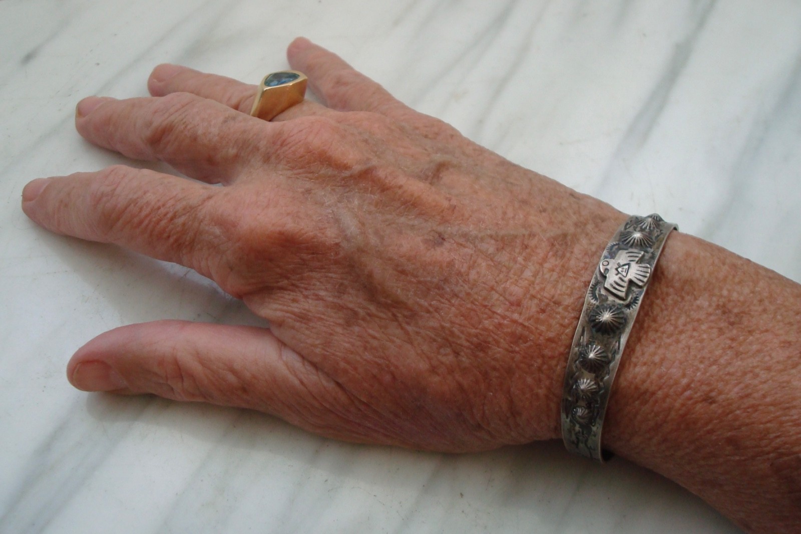 Vtg MORNING STAR THUNDERBIRD GILA MONSTER Navajo SILVER BRACELET Fred Harvey Era