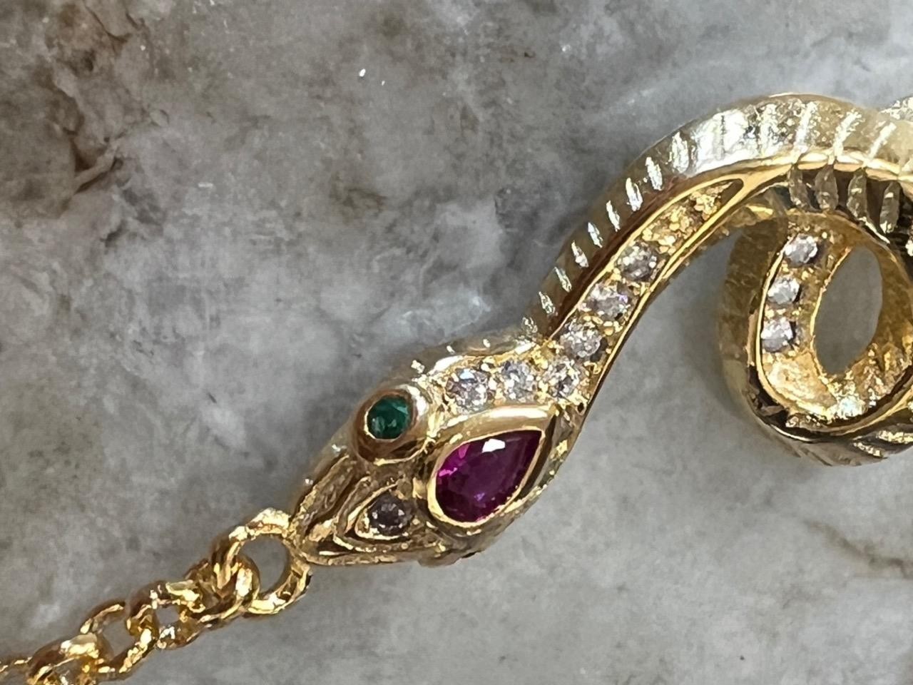 REAL 14K Y Gold on Solid 925 ruby diamond Snake Bracelet Victorian Egyptian Rev.